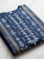 Indigo Blue Tribal Printed Kurta Set with Contrast Dupatta