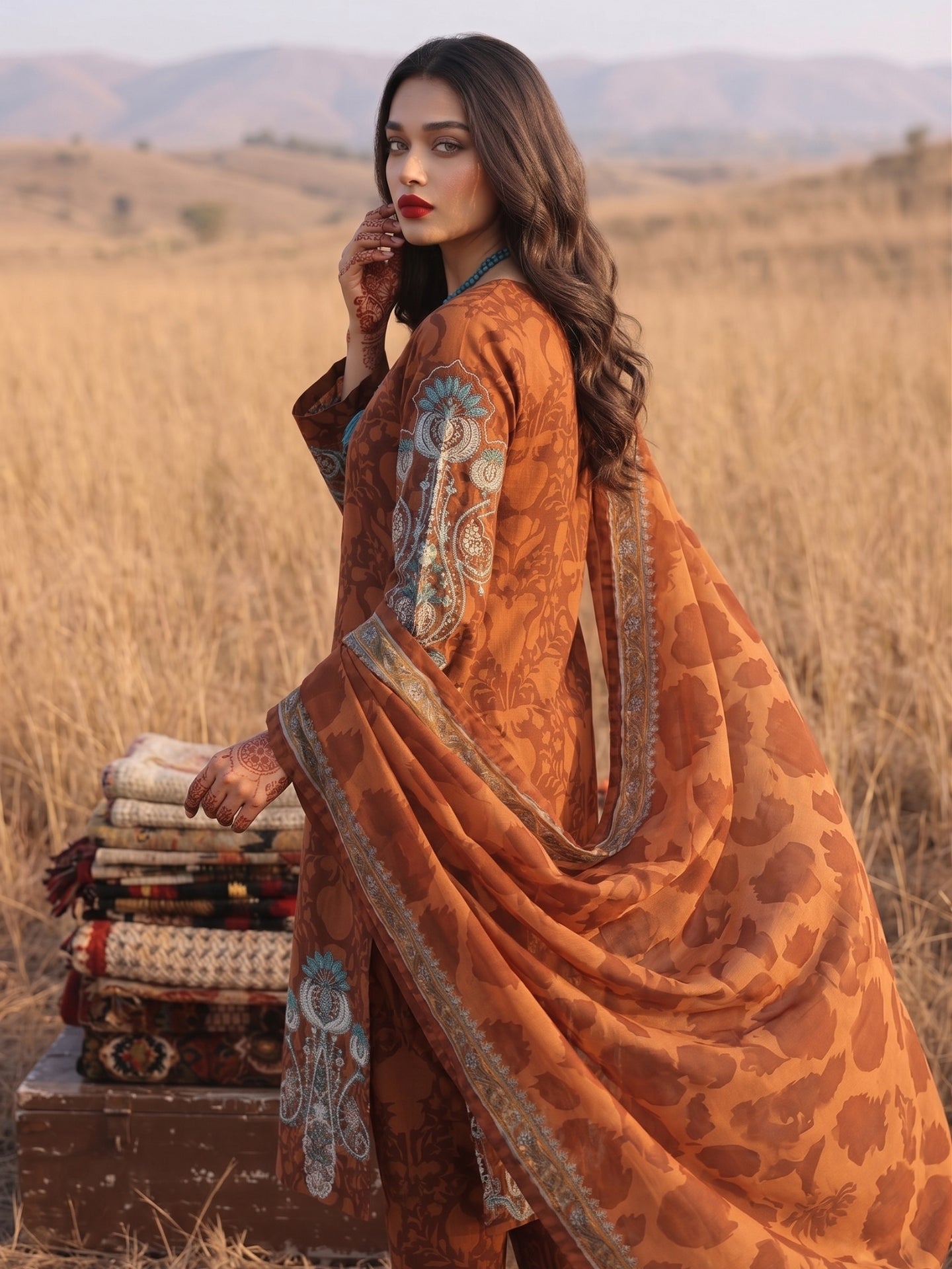 Cinnamon Brown Botanical Printed Cotton Lawn Suit Set