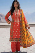 Coral Red Floral Printed Kurta Set with Mustard Dupatta