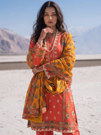 Coral Red Floral Printed Kurta Set with Mustard Dupatta