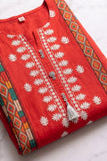 Coral Red Floral Printed Kurta Set with Mustard Dupatta
