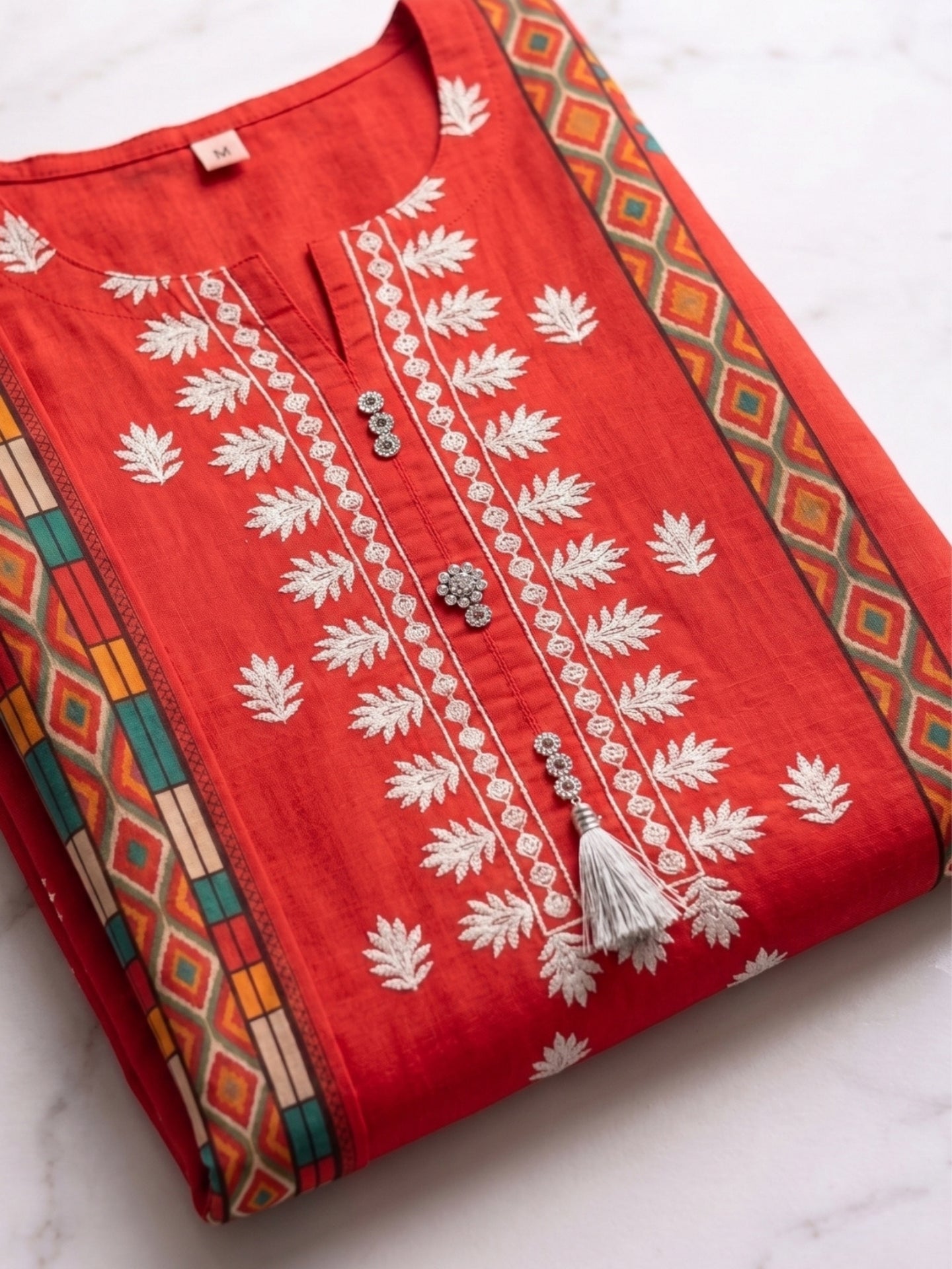 Coral Red Floral Printed Kurta Set with Mustard Dupatta