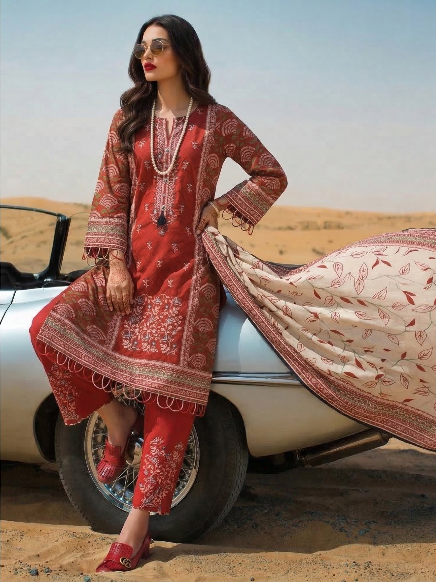 Rust Red Ethnic Printed Cotton Lawn Kurta Set with Dupatta