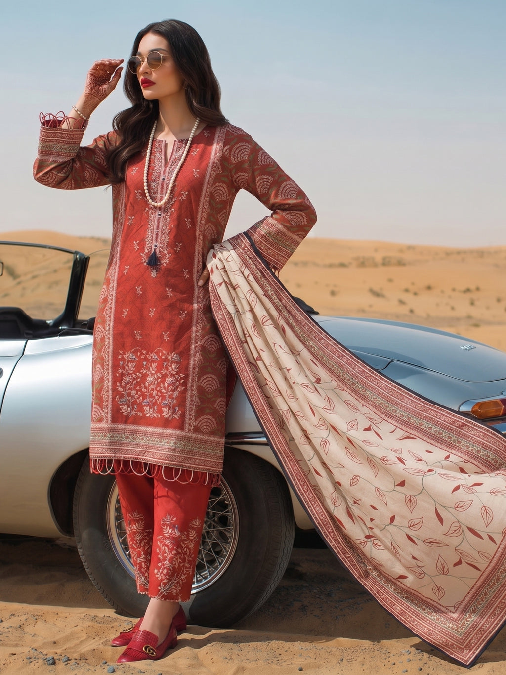 Rust Red Ethnic Printed Cotton Lawn Kurta Set with Dupatta