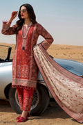 Rust Red Ethnic Printed Cotton Lawn Kurta Set with Dupatta