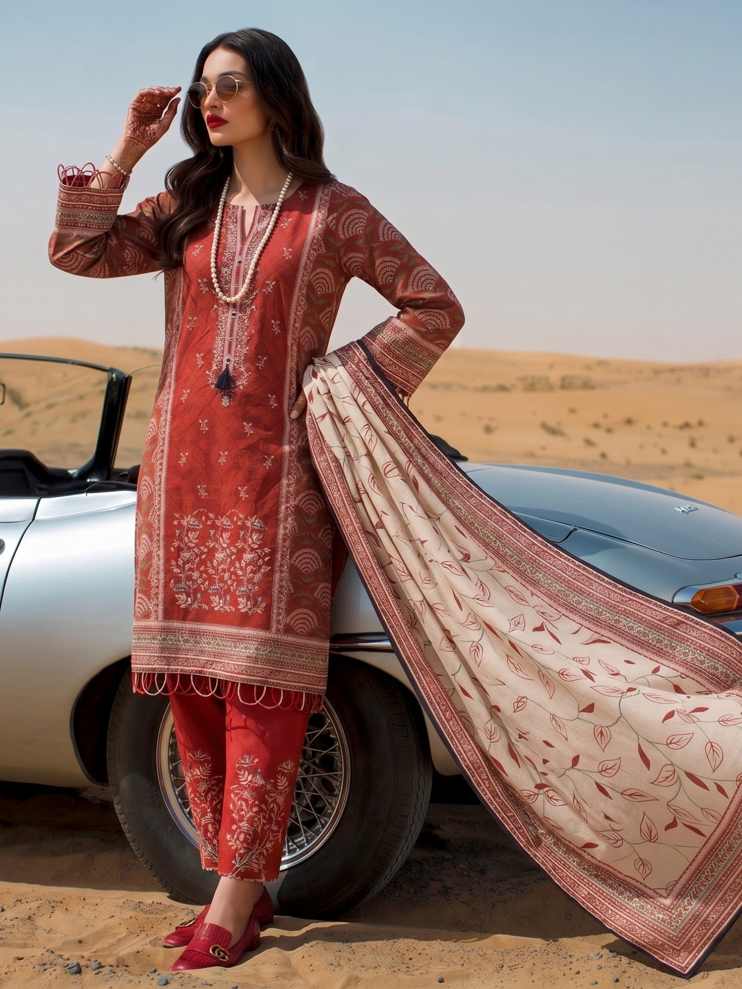 Rust Red Ethnic Printed Cotton Lawn Kurta Set with Dupatta