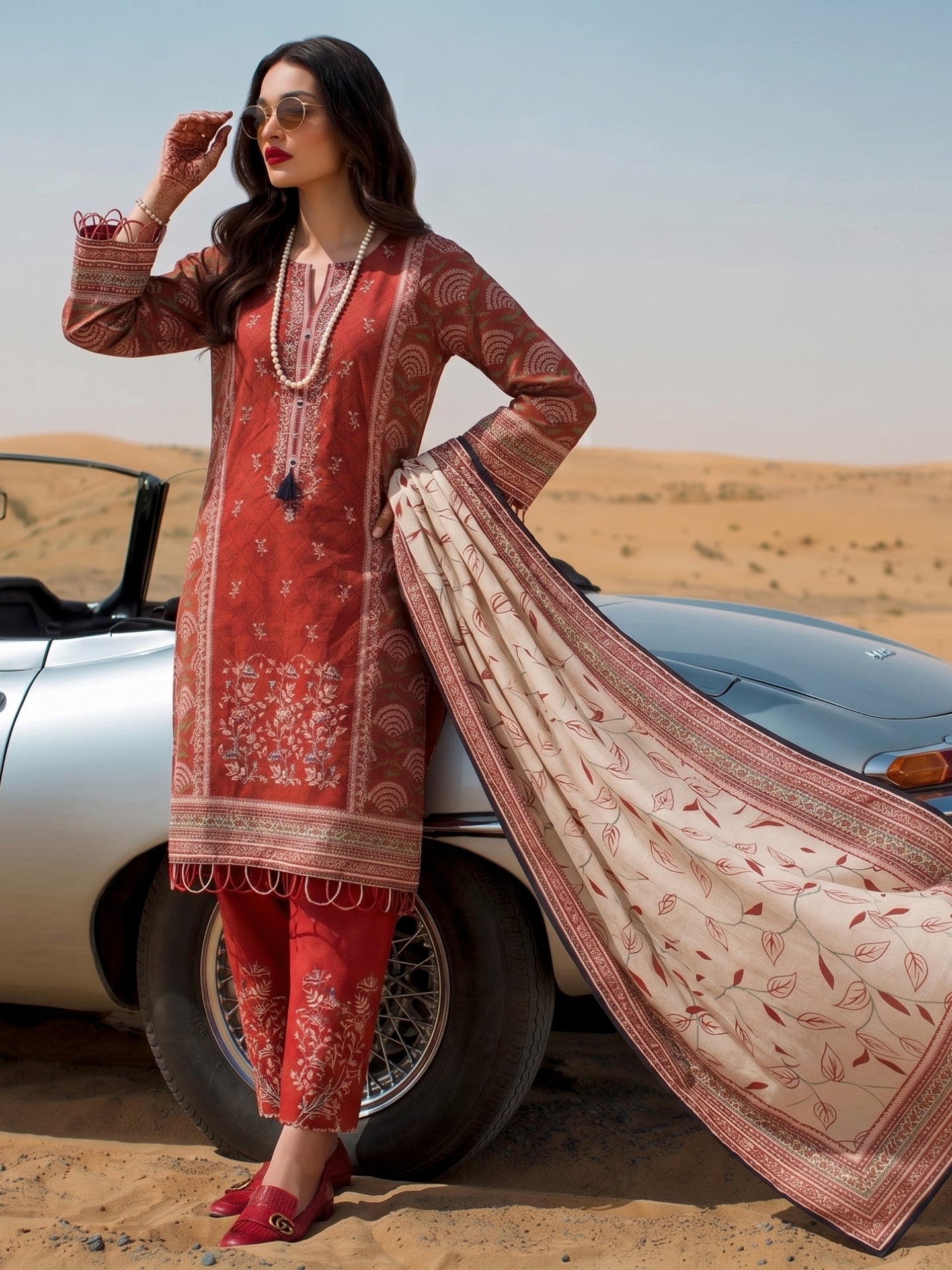 Rust Red Ethnic Printed Cotton Lawn Kurta Set with Dupatta