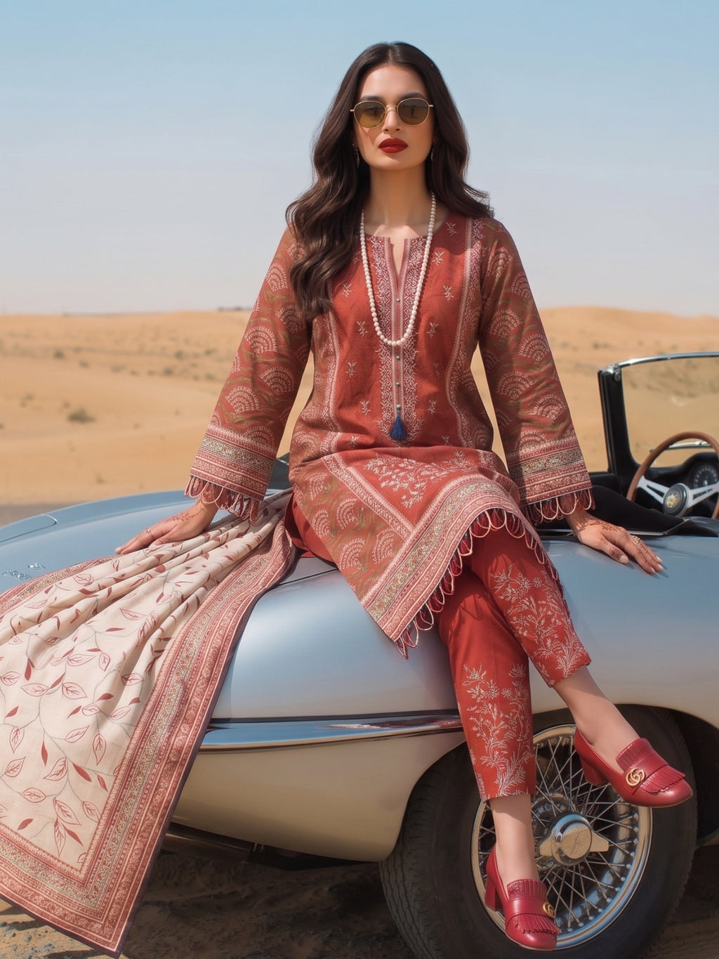Rust Red Ethnic Printed Cotton Lawn Kurta Set with Dupatta