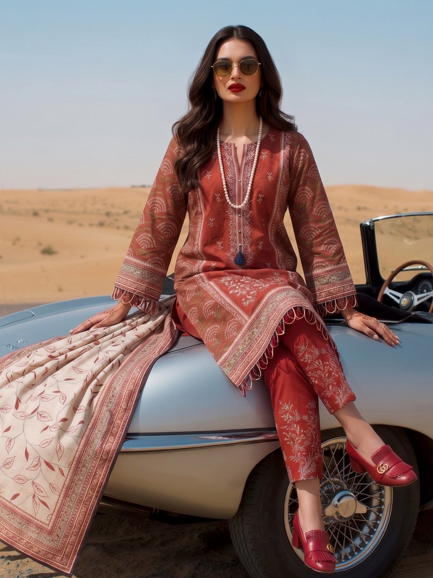 Rust Red Ethnic Printed Cotton Lawn Kurta Set with Dupatta