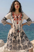Women's Ivory Floral Embroidered Boho A-Line Kurti Dress