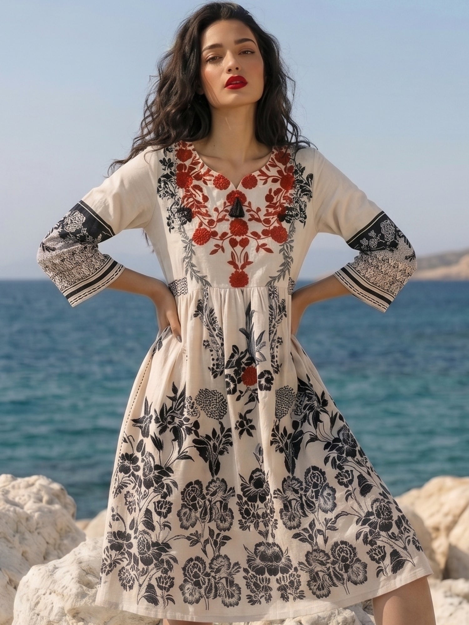Women's Ivory Floral Embroidered Boho A-Line Kurti Dress