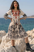 Women's Ivory Floral Embroidered Boho A-Line Kurti Dress