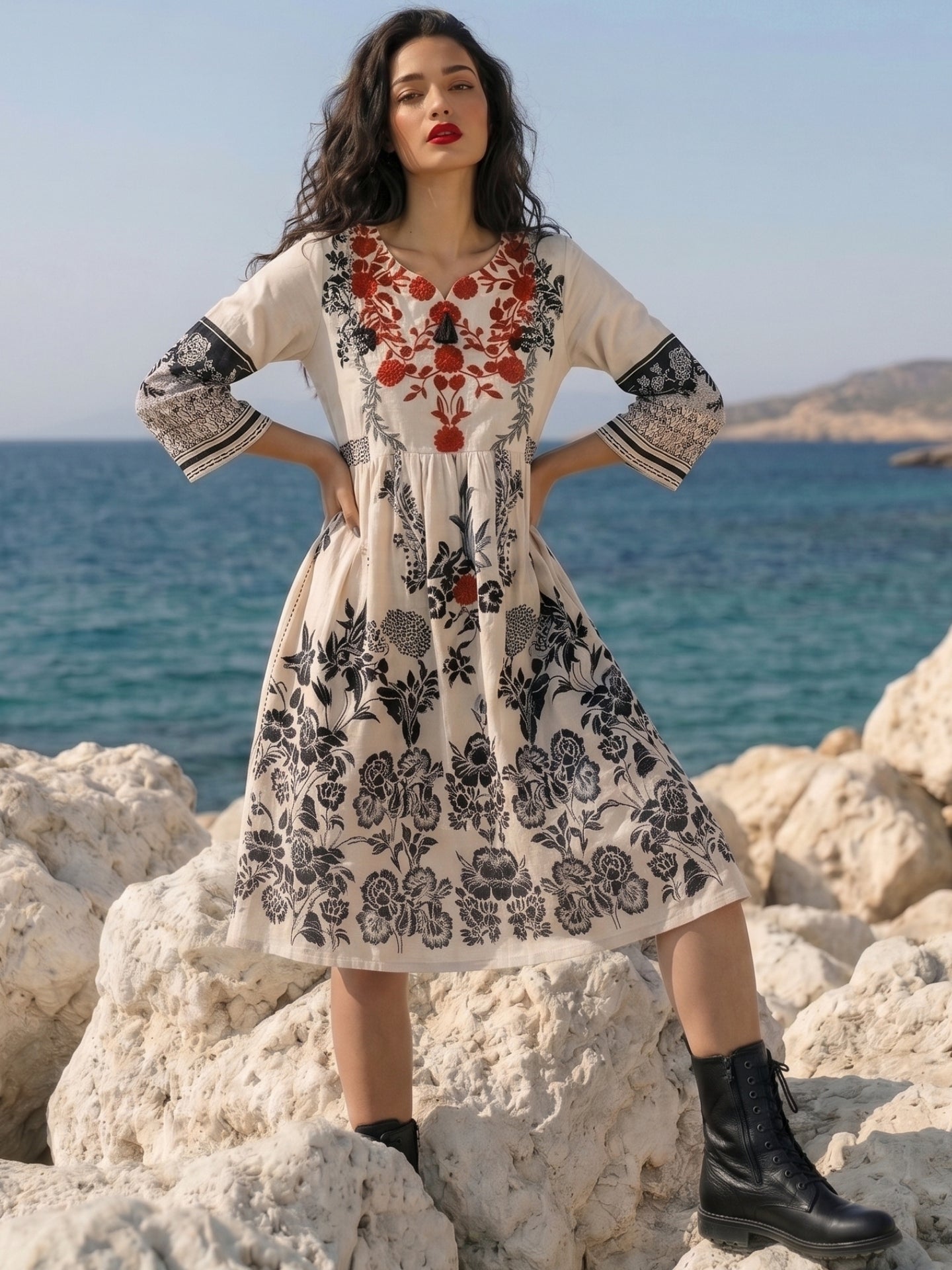Women's Ivory Floral Embroidered Boho A-Line Kurti Dress