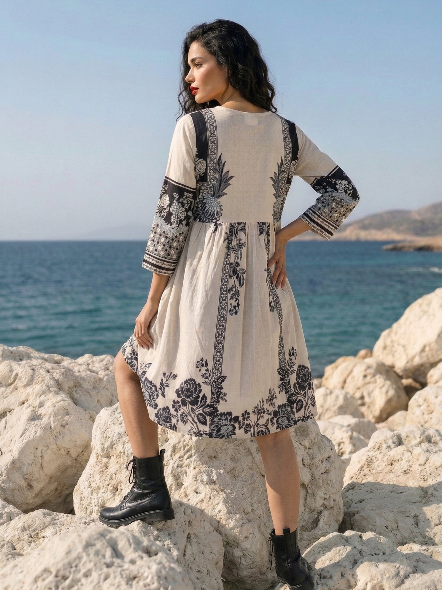 Women's Ivory Floral Embroidered Boho A-Line Kurti Dress
