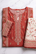 Rust Red Ethnic Printed Cotton Lawn Kurta Set with Dupatta
