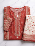 Rust Red Ethnic Printed Cotton Lawn Kurta Set with Dupatta