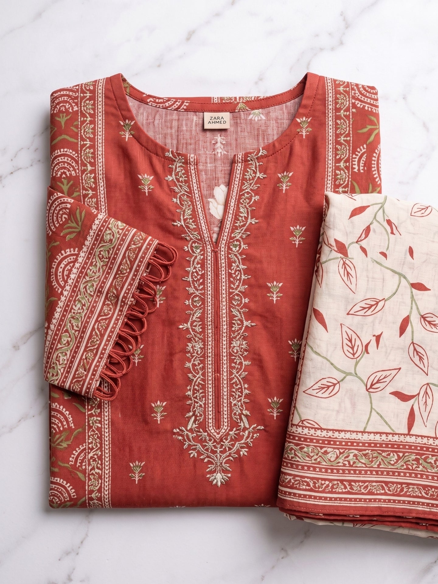 Rust Red Ethnic Printed Cotton Lawn Kurta Set with Dupatta