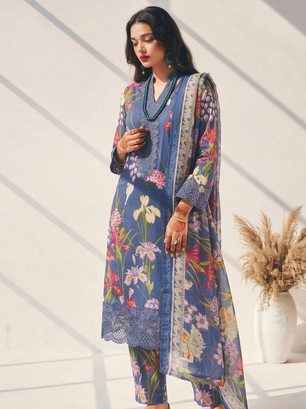 Periwinkle Blue Floral Printed Kurta Set with Lace Detail