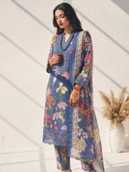 Periwinkle Blue Floral Printed Kurta Set with Lace Detail