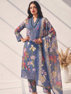 Periwinkle Blue Floral Printed Kurta Set with Lace Detail