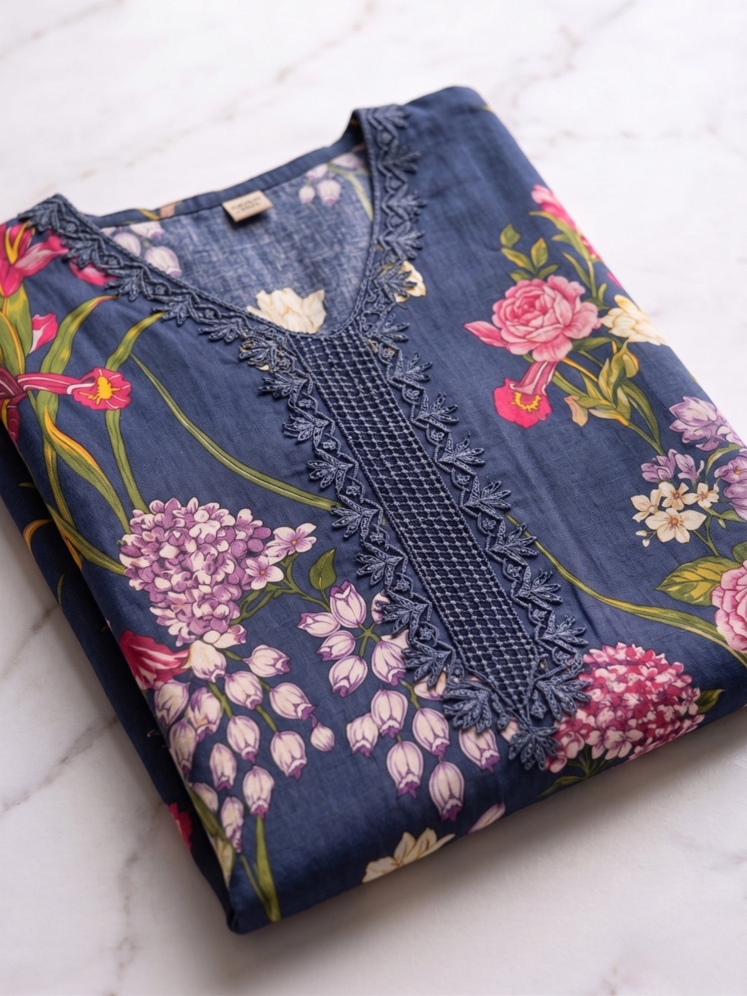 Periwinkle Blue Floral Printed Kurta Set with Lace Detail