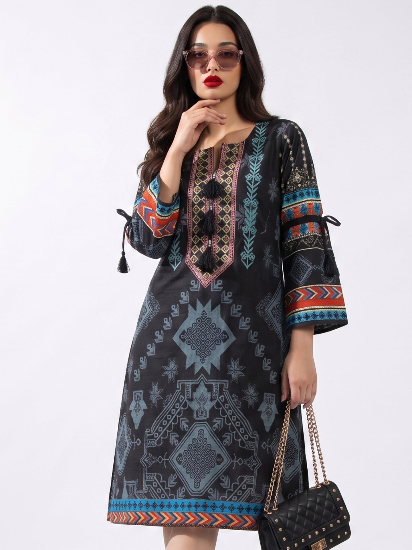 Women's Black Tribal Print Embroidered Straight Kurti