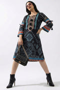 Women's Black Tribal Print Embroidered Straight Kurti