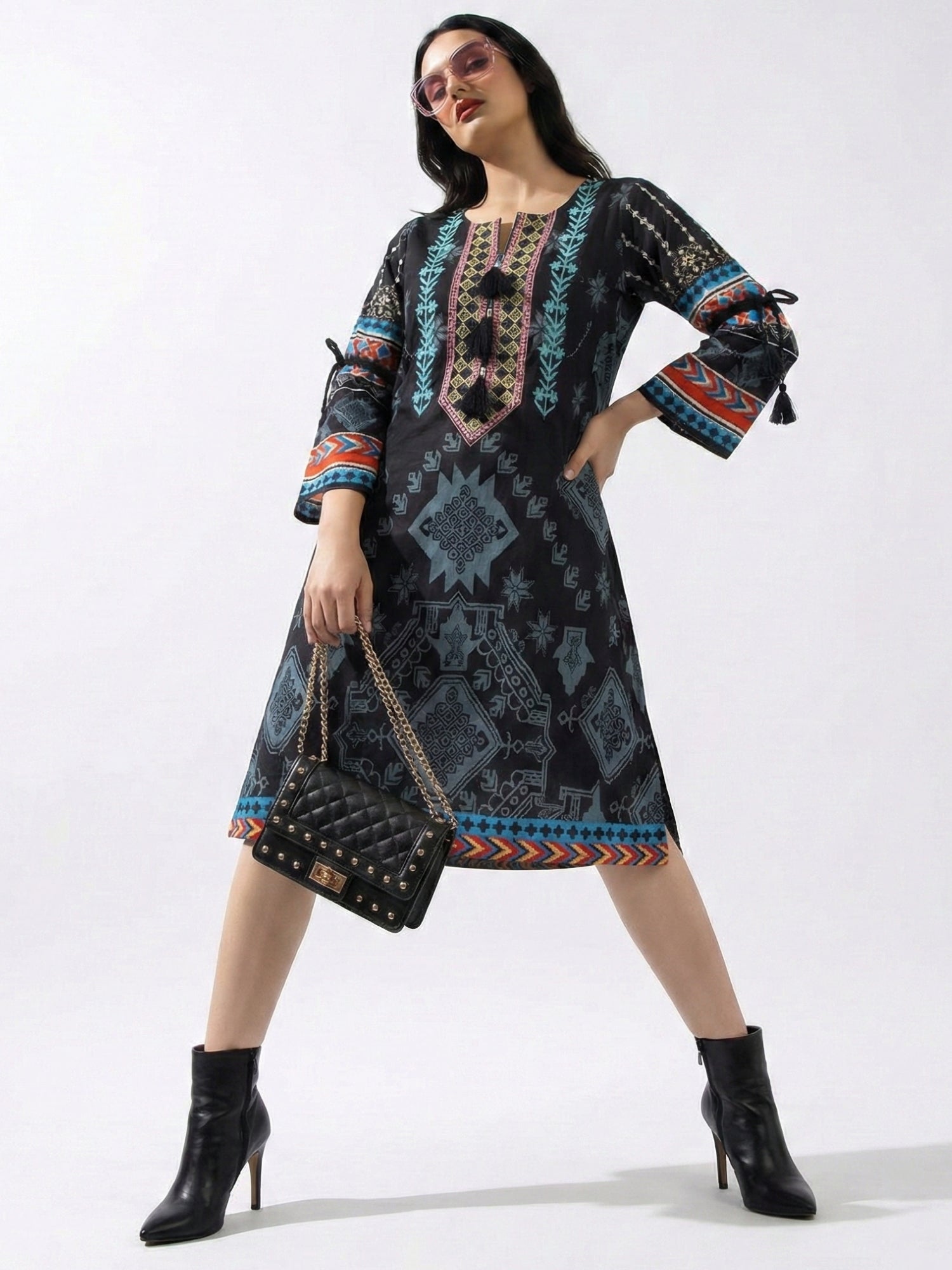 Women's Black Tribal Print Embroidered Straight Kurti
