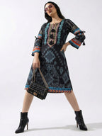 Women's Black Tribal Print Embroidered Straight Kurti