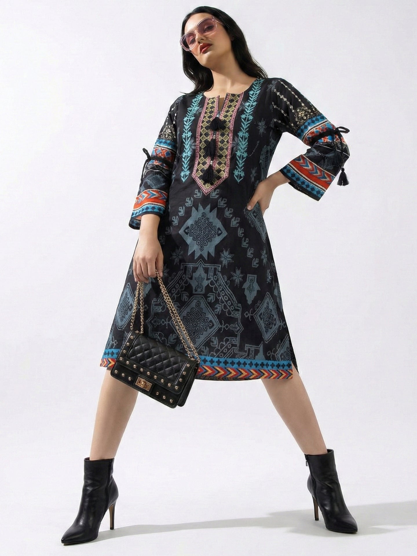 Women's Black Tribal Print Embroidered Straight Kurti