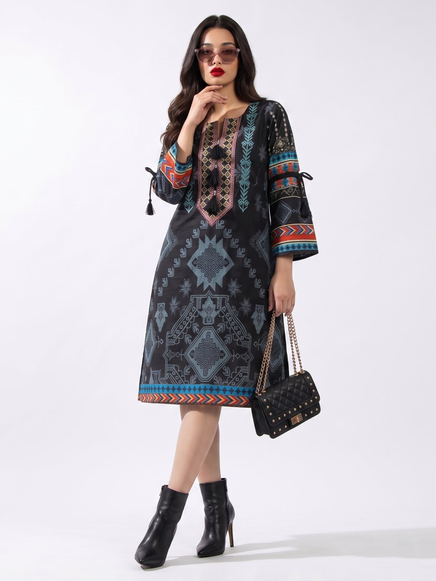 Women's Black Tribal Print Embroidered Straight Kurti