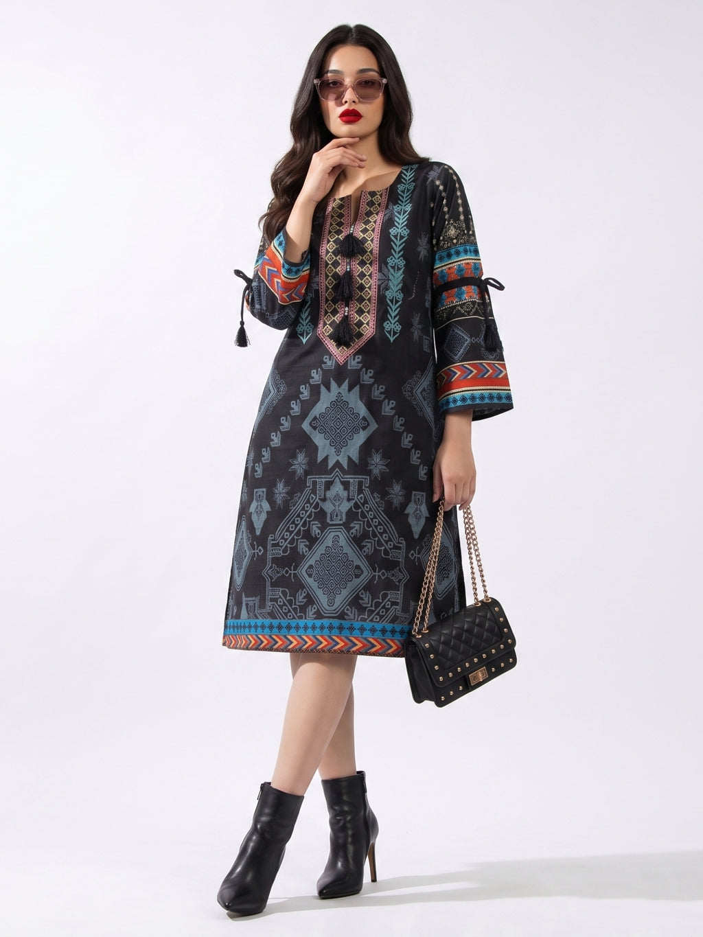 Women's Black Tribal Print Embroidered Straight Kurti