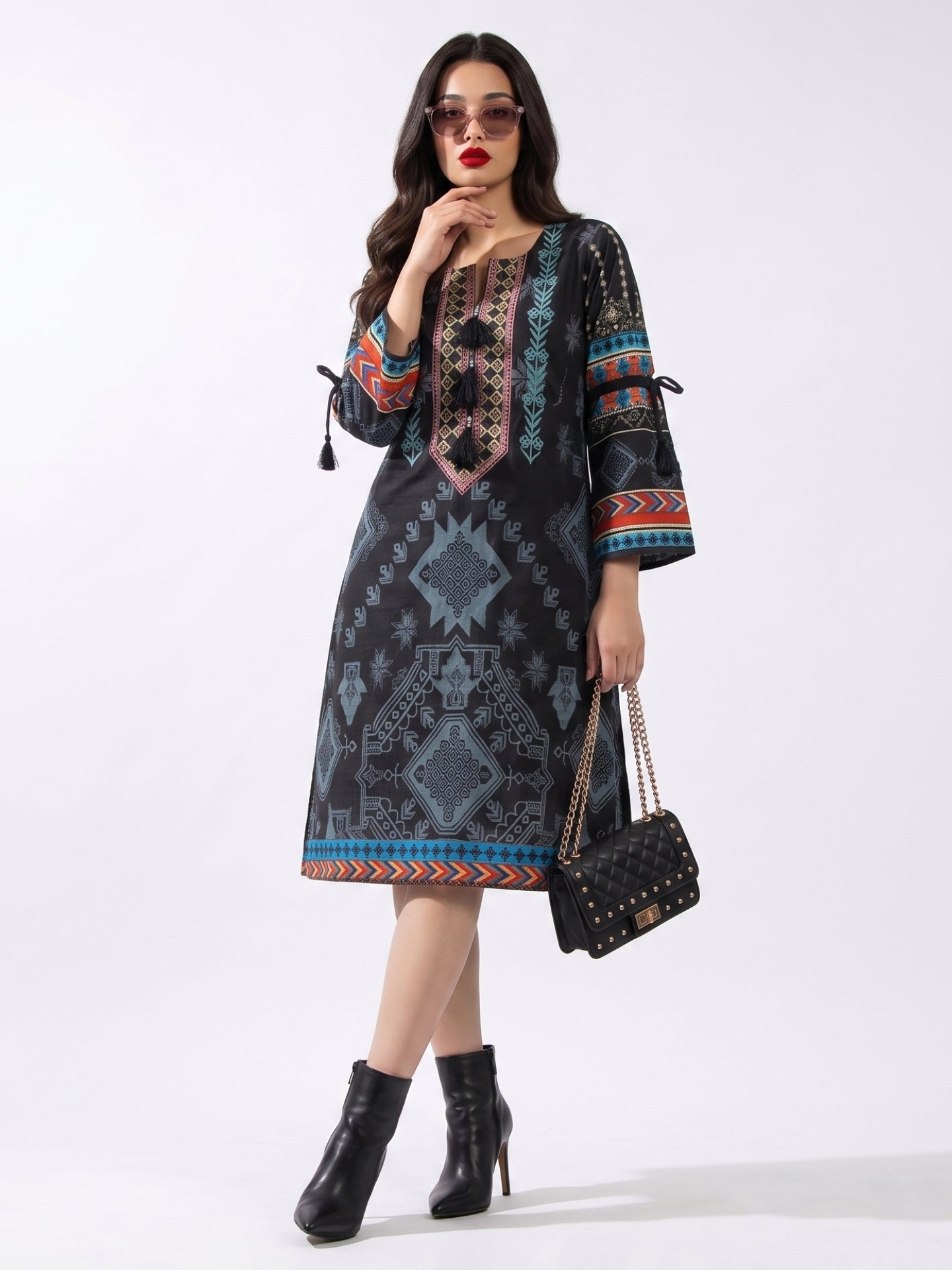 Women's Black Tribal Print Embroidered Straight Kurti