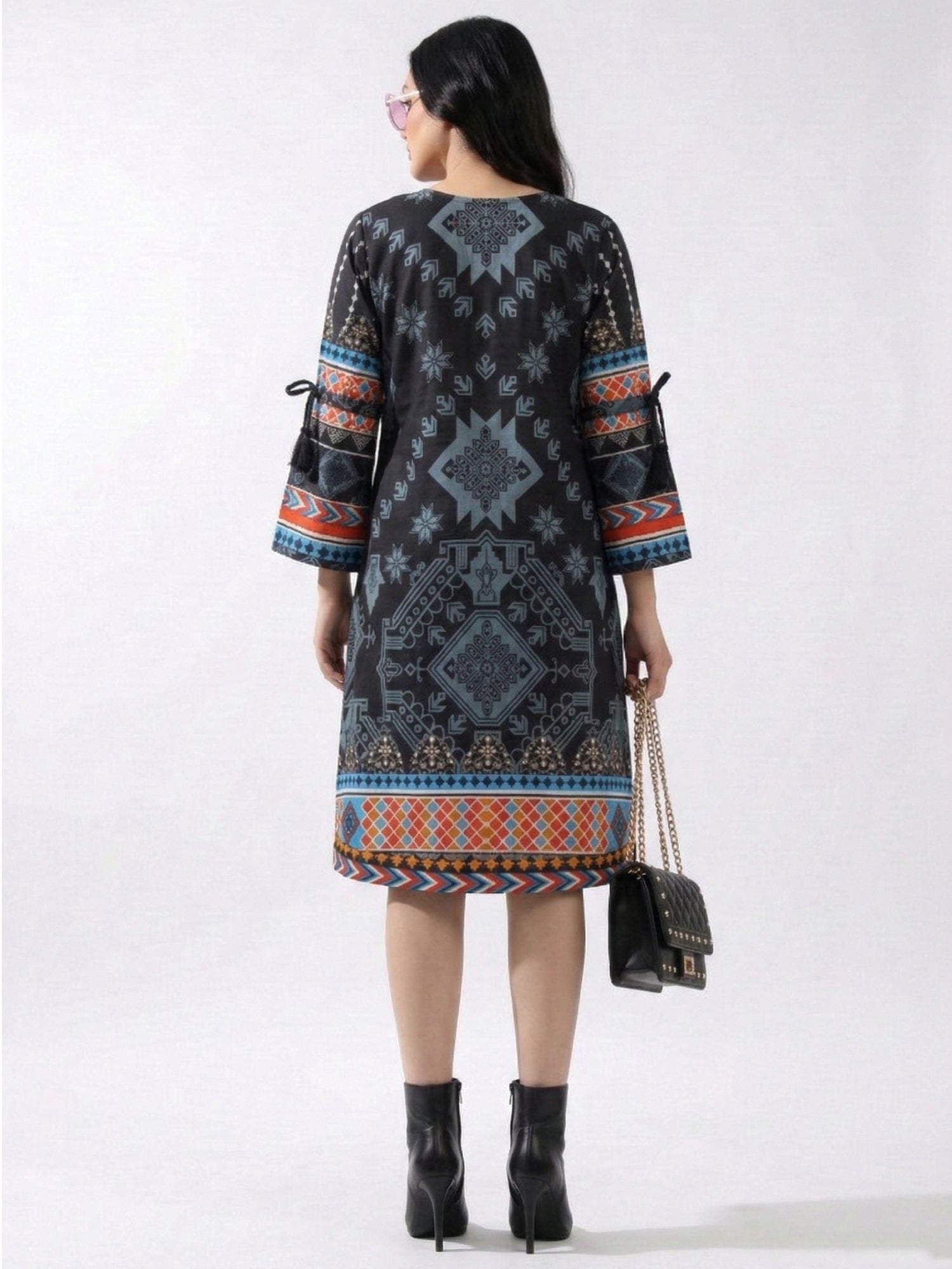 Women's Black Tribal Print Embroidered Straight Kurti