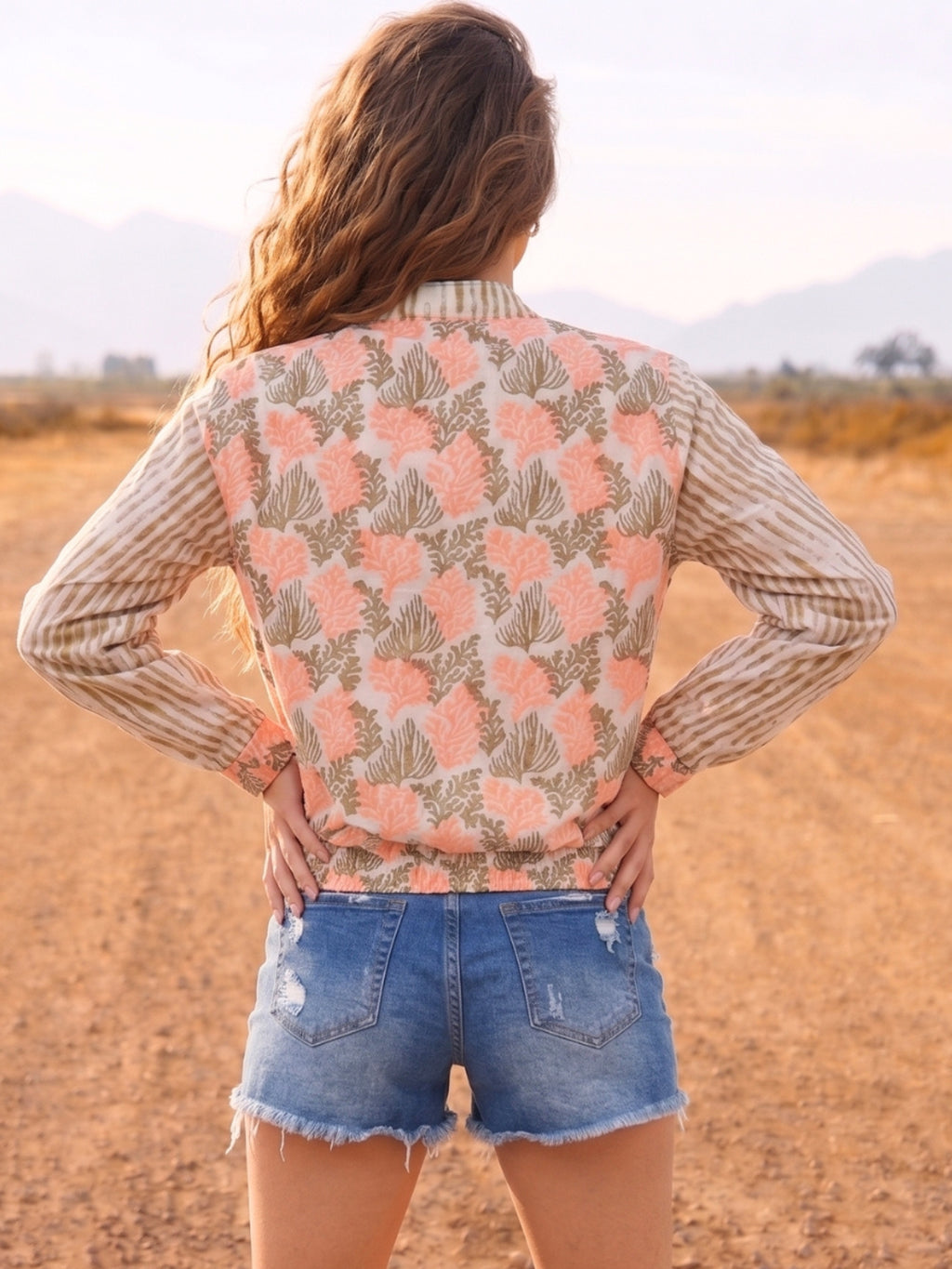 Peach Boho Floral Printed Lightweight Summer Jacket