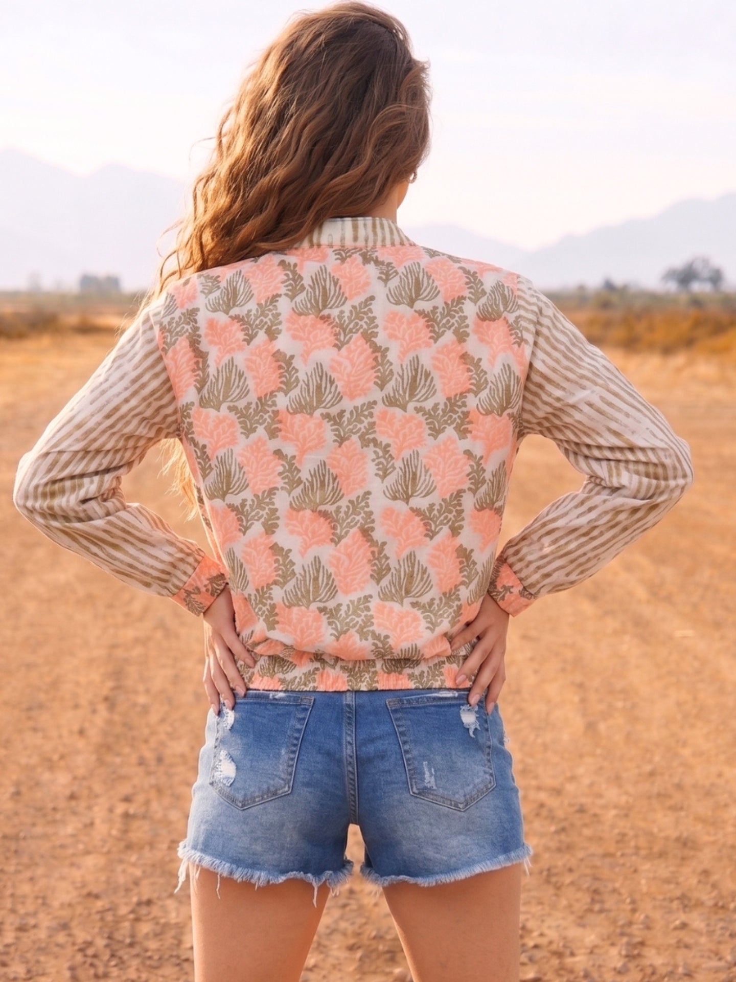 Peach Boho Floral Printed Lightweight Summer Jacket