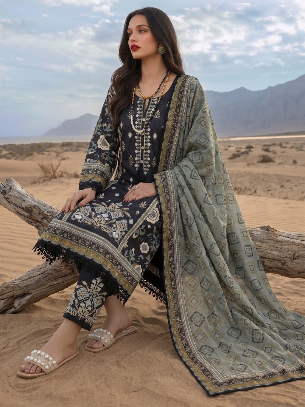 Black Mughal Floral Printed Cotton Lawn Suit Set