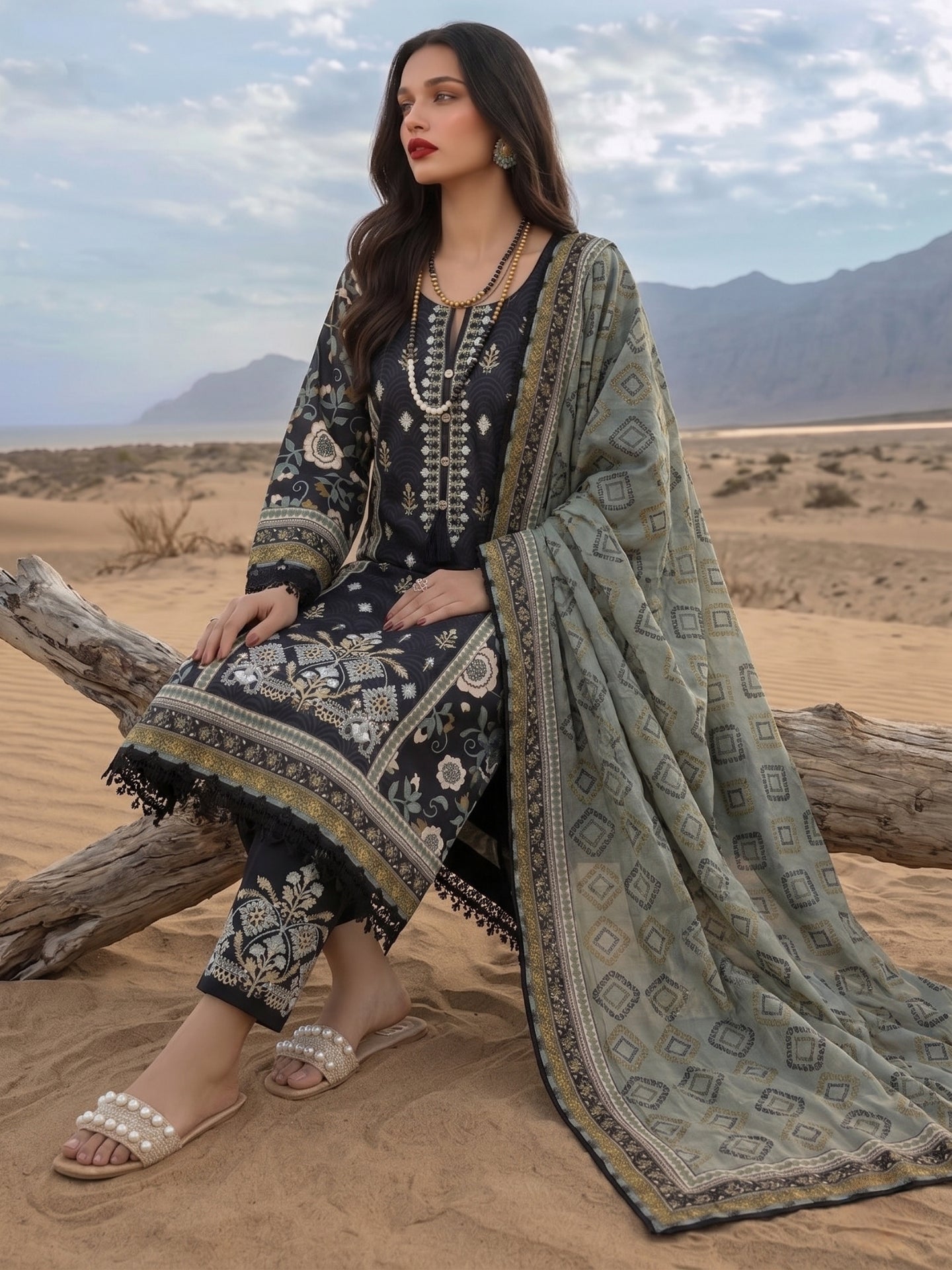 Black Mughal Floral Printed Cotton Lawn Suit Set