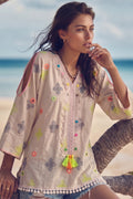 Beige Embroidered Boho Top with Neon Tassel Accents
