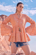 Peach Printed Tiered Boho Top with Bell Sleeves