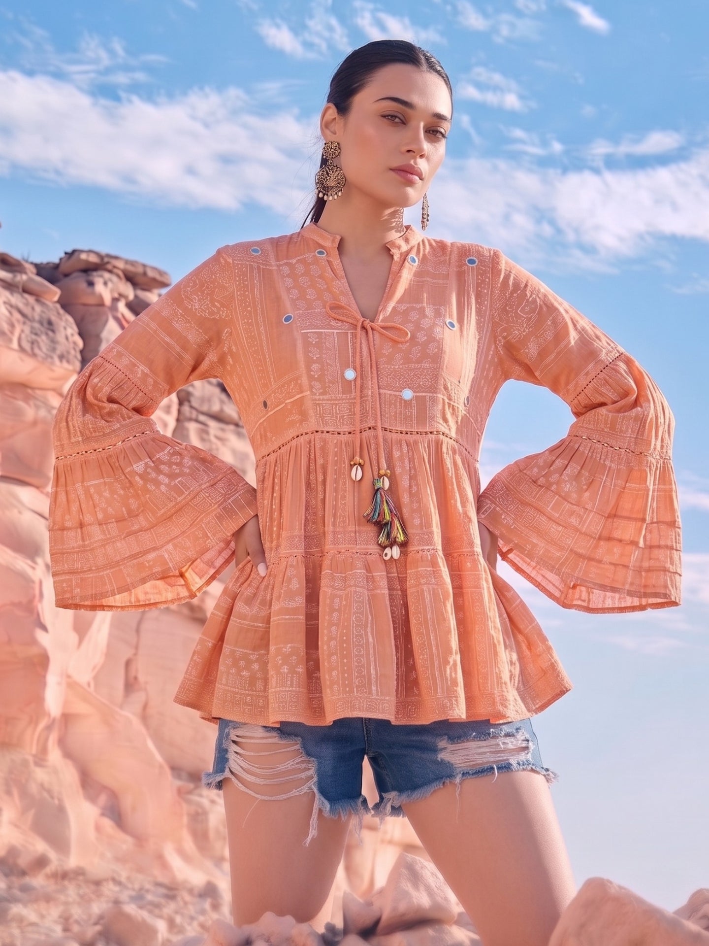 Peach Printed Tiered Boho Top with Bell Sleeves