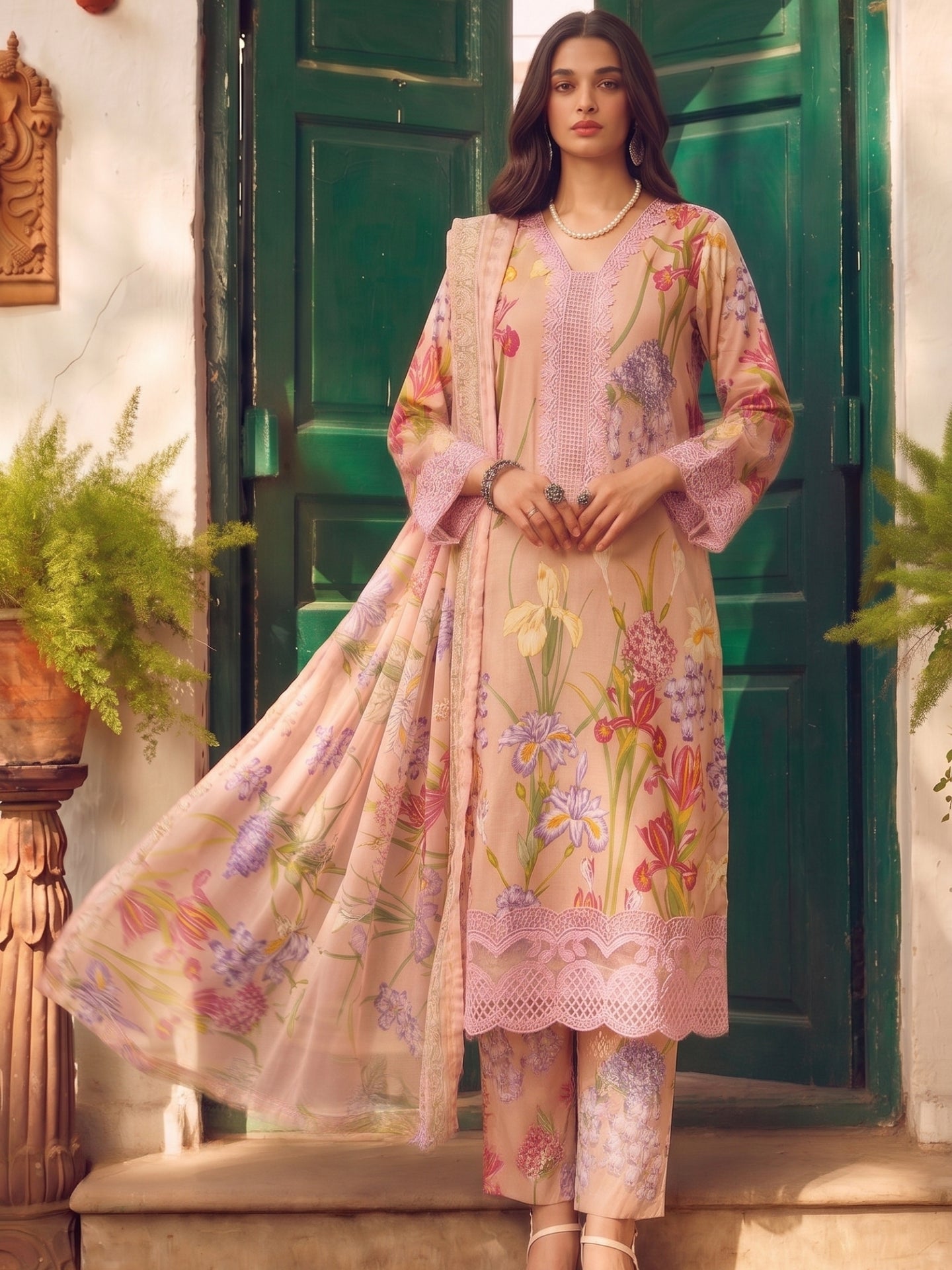 Blush Pink Floral Printed Cotton Lawn Kurta Set